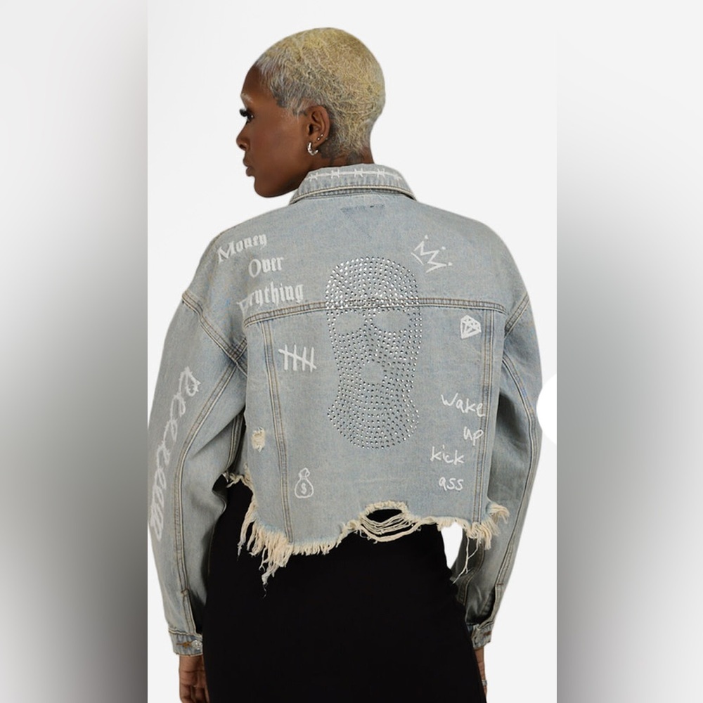 Trio Urban Ski Mask Rhinestone Cropped Denim Jacket Size S/M